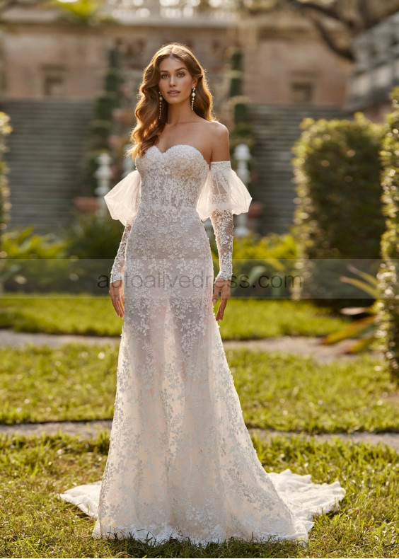 Ivory Lace Tulle Romantic Wedding Dress With Detachable Sleeves